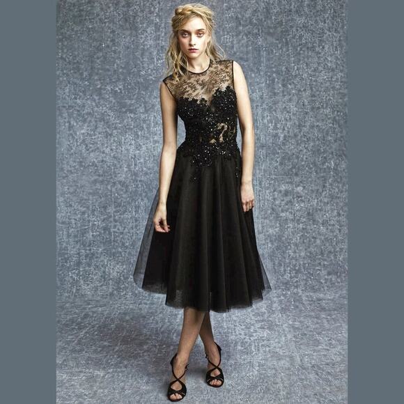 Reem Acra Black Lace Sequin Bodice Tulle Midi Dress- Size 6 - Picture 8 of 9